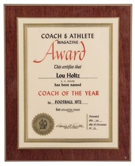 1972 Lou Holtz Atlantic Coast Coach of the Year Plaque Presented by Coach & Athlete Magazine (Holtz LOA)